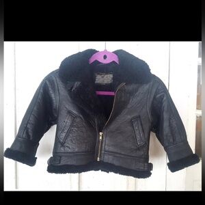 Genuine shearling Kids Black Leather bomber jacket Coat